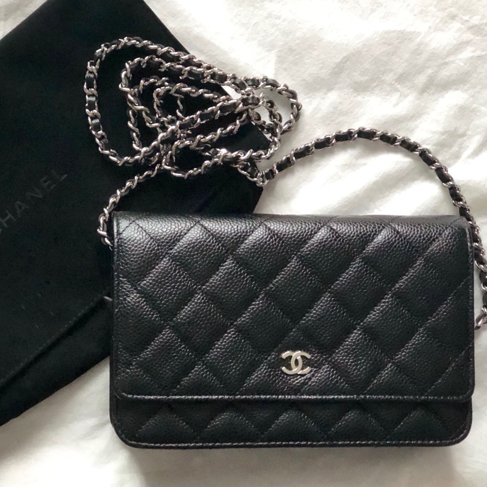 ❌SOLD❌New 2022 Chanel Classic Wallet Chain Full Set Black Caviar Leather Silver - Picture 1 of 11